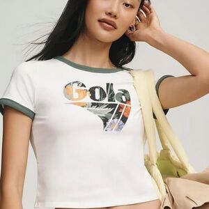 Gola Women's White Tee from Anthropologie with Green Trim and Graphic